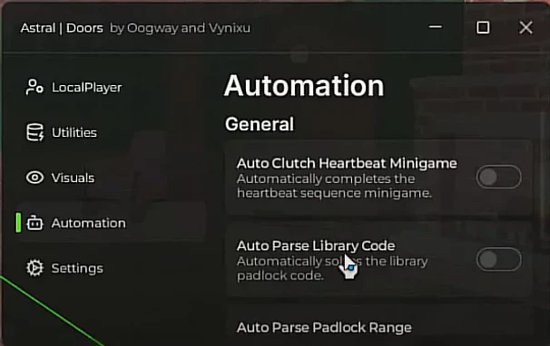 Astral Hub на DOORS — вкладка Automation с авто-прохождением мини-игр